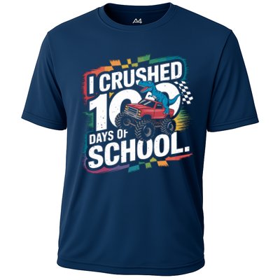 100 Days Of School Monster Truck T Rex Dinosaur Boy Cooling Performance Crew T-Shirt