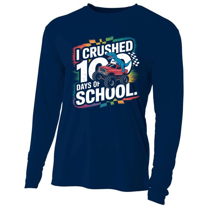 100 Days Of School Monster Truck T Rex Dinosaur Boy Cooling Performance Long Sleeve Crew