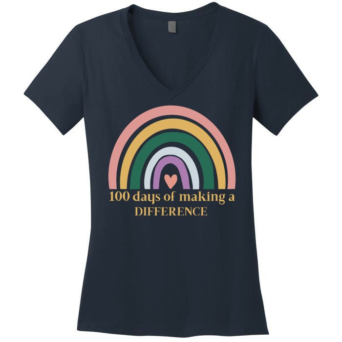 100 Days Of Making A Difference School Rainbow Women's V-Neck T-Shirt