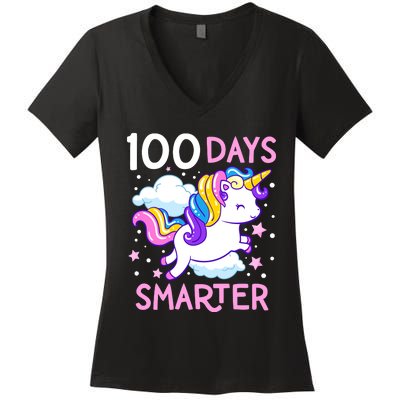 100th Day Of School Unicorn 100 Days Smarter Kindergarten Women's V-Neck T-Shirt