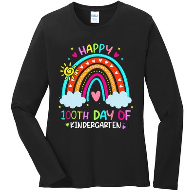 100th Day Of Kindergarten School Rainbow 100 Days Smarter Ladies Long Sleeve Shirt