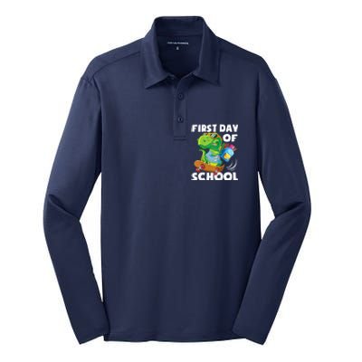 1st Day Of Kindergarten Is Gonna Be Jawsome Dinosaur Boy Silk Touch Performance Long Sleeve Polo