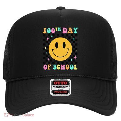 100th Day Of School Vibes Funny Smile Face 100 Days School High Crown Mesh Back Trucker Hat