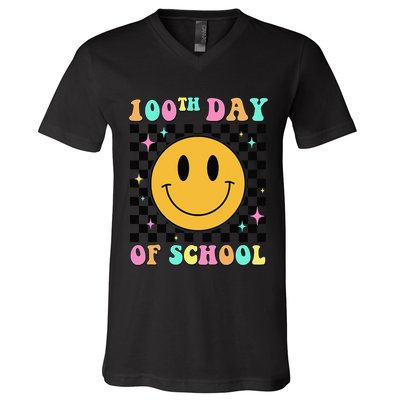 100th Day Of School Vibes Funny Smile Face 100 Days School V-Neck T-Shirt