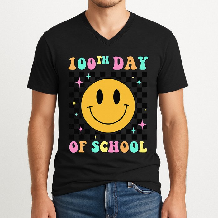 100th Day Of School Vibes Funny Smile Face 100 Days School V-Neck T-Shirt