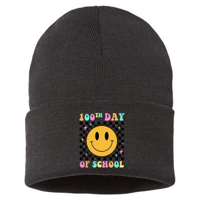 100th Day Of School Vibes Funny Smile Face 100 Days School Sustainable Knit Beanie