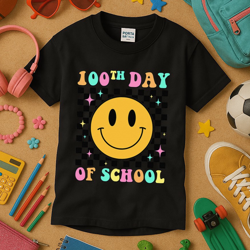 100th Day Of School Vibes Funny Smile Face 100 Days School Kids T-Shirt