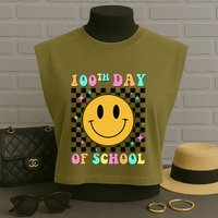100th Day Of School Vibes Funny Smile Face 100 Days School Garment-Dyed Women's Muscle Tee