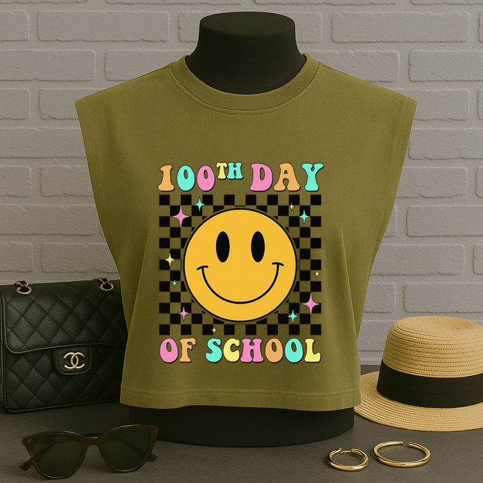 100th Day Of School Vibes Funny Smile Face 100 Days School Garment-Dyed Women's Muscle Tee