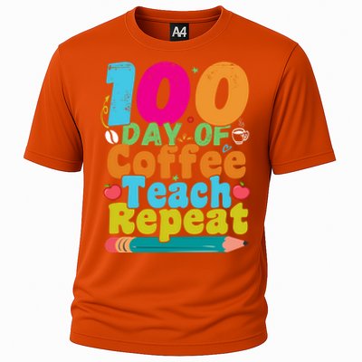 100 Days Of Coffee Teach Repeat 100th Day School Teacher Gift Cooling Performance Crew T-Shirt