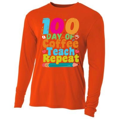 100 Days Of Coffee Teach Repeat 100th Day School Teacher Gift Cooling Performance Long Sleeve Crew