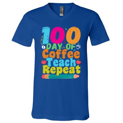 100 Days Of Coffee Teach Repeat 100th Day School Teacher Gift V-Neck T-Shirt