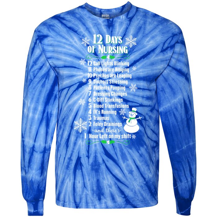 12 Days Of Nursing Funny Nurses Christmas Ugly Gift Tie-Dye Long Sleeve Shirt