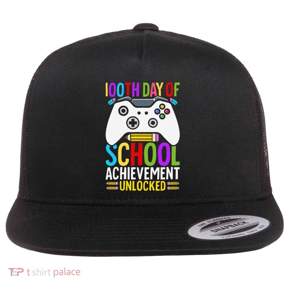 100 Days Of School Achievement Unlocked Video Gamer Flat Bill Trucker Hat