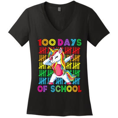 100 Days Of School Unicorn 100 Days Smarter 100th Day Women's V-Neck T-Shirt