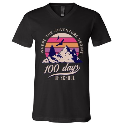 100 Days Of School Retro Outdoor Teacher 100th Day Of School V-Neck T-Shirt