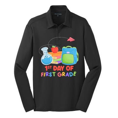 1st Day Of First Grade Cute Back To School Silk Touch Performance Long Sleeve Polo