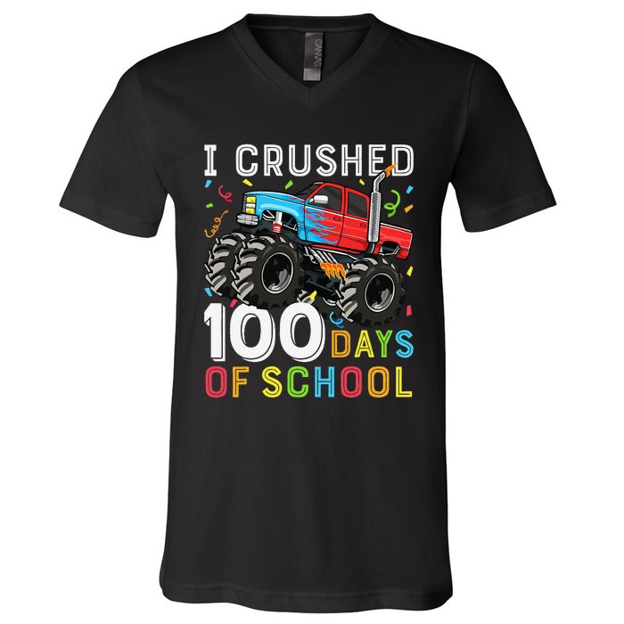 100 Days Of School Monster Truck 100th Day Of School Boy Gift V-Neck T-Shirt