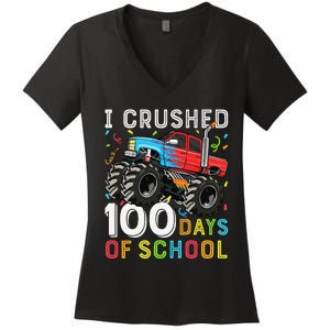 100 Days Of School Monster Truck 100th Day Of School Boy Gift Women's V-Neck T-Shirt