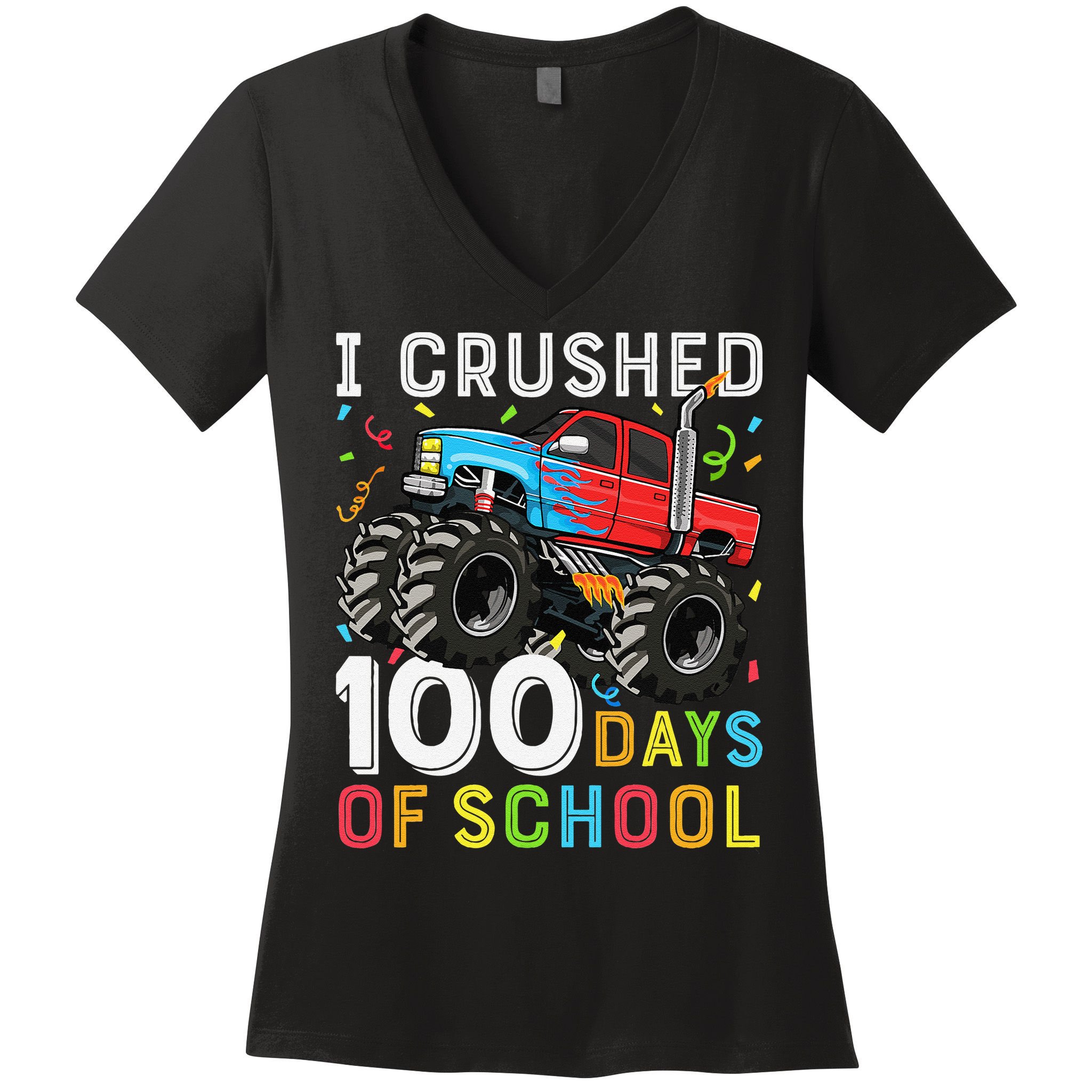 100 Days Of School Monster Truck 100th Day Of School Boy Gift Women's V-Neck T-Shirt