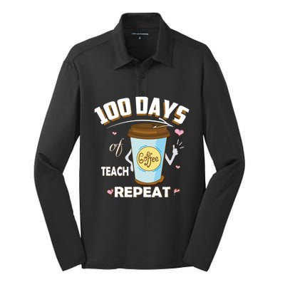 100 Days Of Coffee Teach Repeat Fan Gift Silk Touch Performance Long Sleeve Polo