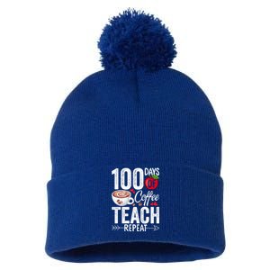 100th Day Of Coffee Teach Repeat Teacher 100 Days Of School Gift Pom Pom 12in Knit Beanie