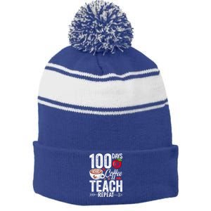 100th Day Of Coffee Teach Repeat Teacher 100 Days Of School Gift Stripe Pom Pom Beanie