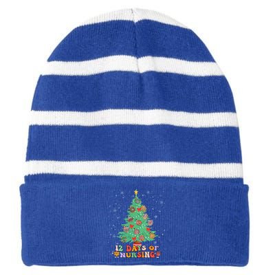 12 Days Of Nursing Christmas Tree Lights Nurse Scrubs Gift Striped Beanie with Solid Band