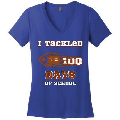 100 Days Of School Football I Tackled 100 Days Of School Women's V-Neck T-Shirt