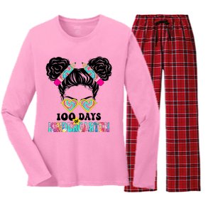 100 Days Of Kindergarten Girls Messy 100th Day Of School Women's Long Sleeve Flannel Pajama Set 