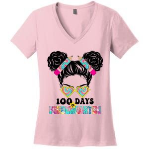 100 Days Of Kindergarten Girls Messy 100th Day Of School Women's V-Neck T-Shirt