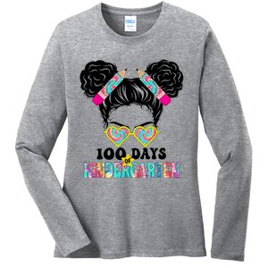 100 Days Of Kindergarten Girls Messy 100th Day Of School Ladies Long Sleeve Shirt