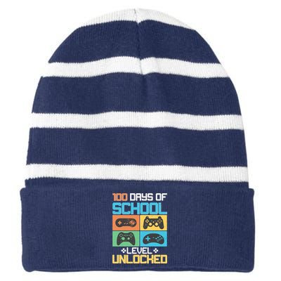 100 Days Of School Level Unlocked Video Game Fan Striped Beanie with Solid Band