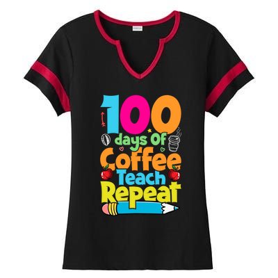 100 Days Of Coffee Teach Repeat Funny Student Teacher Gift Ladies Halftime Notch Neck Tee