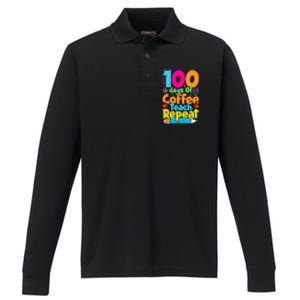 100 Days Of Coffee Teach Repeat Funny Student Teacher Gift Performance Long Sleeve Polo