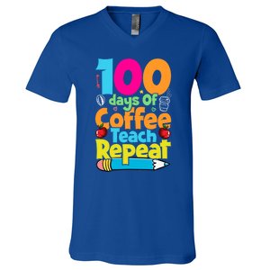 100 Days Of Coffee Teach Repeat Funny Student Teacher Gift V-Neck T-Shirt