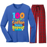 100 Days Of Coffee Teach Repeat Funny Student Teacher Gift Women's Long Sleeve Flannel Pajama Set 