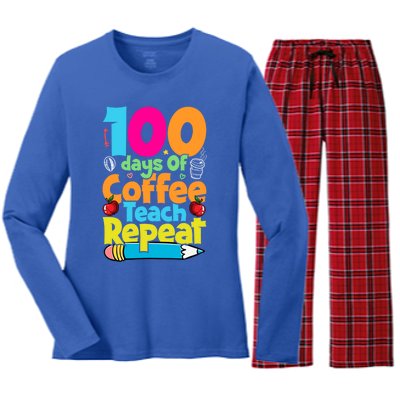 100 Days Of Coffee Teach Repeat Funny Student Teacher Gift Women's Long Sleeve Flannel Pajama Set 