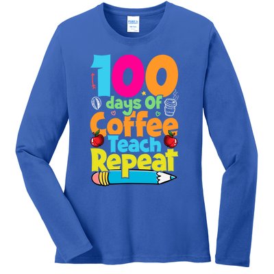 100 Days Of Coffee Teach Repeat Funny Student Teacher Gift Ladies Long Sleeve Shirt