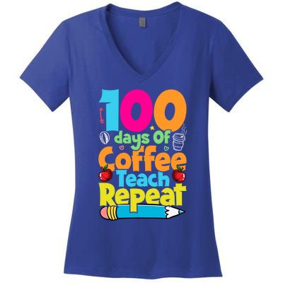 100 Days Of Coffee Teach Repeat Funny Student Teacher Gift Women's V-Neck T-Shirt