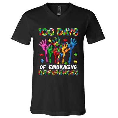 100 Days Of Embracing Differences Autism Awareness Teacher V-Neck T-Shirt