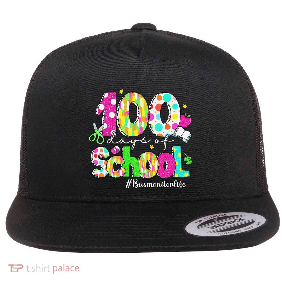 100 Days Of School Brushstroke Bus Monitor Life Flat Bill Trucker Hat