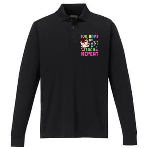 100 Days Of Coffee Teach Repeat School Teaching Chaos Meaningful Gift Performance Long Sleeve Polo