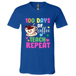 100 Days Of Coffee Teach Repeat School Teaching Chaos Meaningful Gift V-Neck T-Shirt