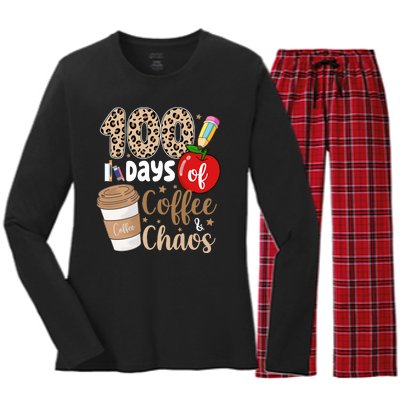 100 Days Of Coffee And Chaos Teacher Women's Long Sleeve Flannel Pajama Set 