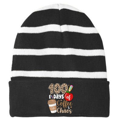 100 Days Of Coffee And Chaos Teacher Striped Beanie with Solid Band