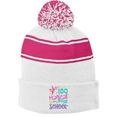 100th Day Of School Unicorn 100 Magical Days Teacher Girls Stripe Pom Pom Beanie