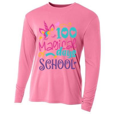 100th Day Of School Unicorn 100 Magical Days Teacher Girls Cooling Performance Long Sleeve Crew