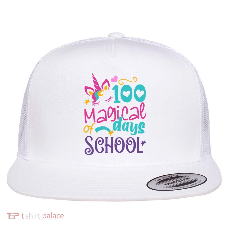 100th Day Of School Unicorn 100 Magical Days Teacher Girls Flat Bill Trucker Hat