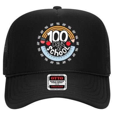 100th Day Of School Teacher 100 Days Smarter Pencil Ruler High Crown Mesh Back Trucker Hat